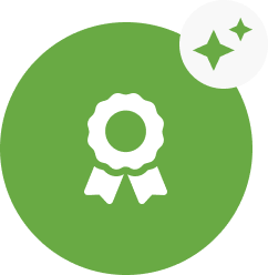 A green circle with a white ribbon and stars.